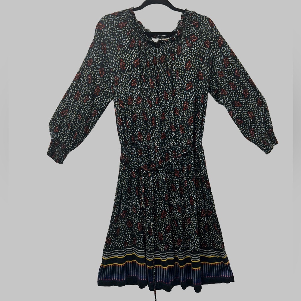 LOFT Black Floral Long-Sleeve Smocked Dress with Striped Hem